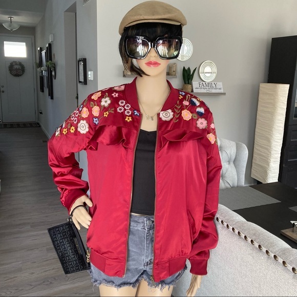 Sugarlips Jackets & Coats Sugar Lips Red Satin Embroidered Floral